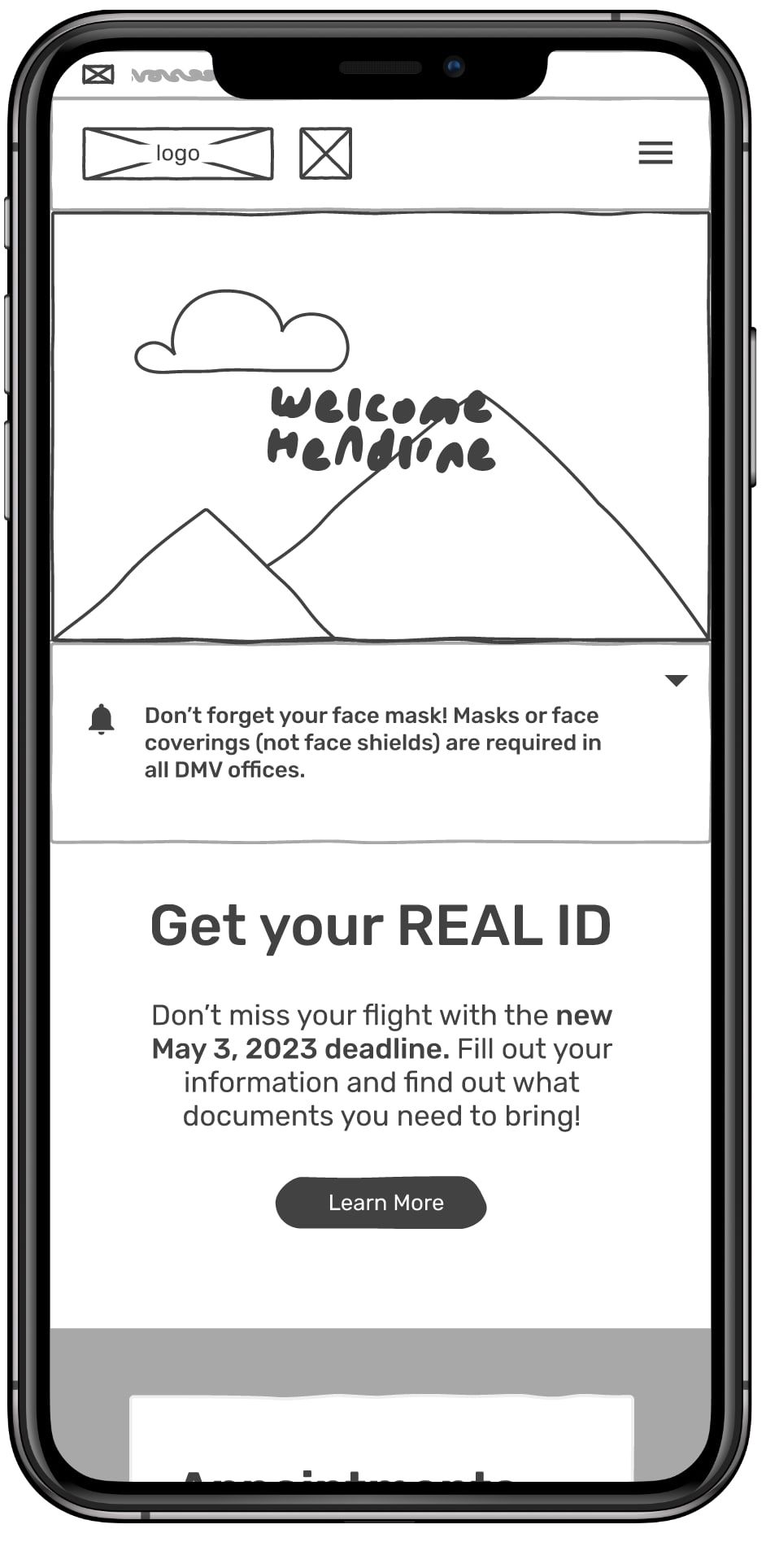 A low fidelity wireframe of the Oregon DMV mobile home page, with a placeholder logo and hand-drawn mountain graphic, a face covering advisory, and a Get your REAL ID block naming the May 3 2023 deadline above a Learn More button