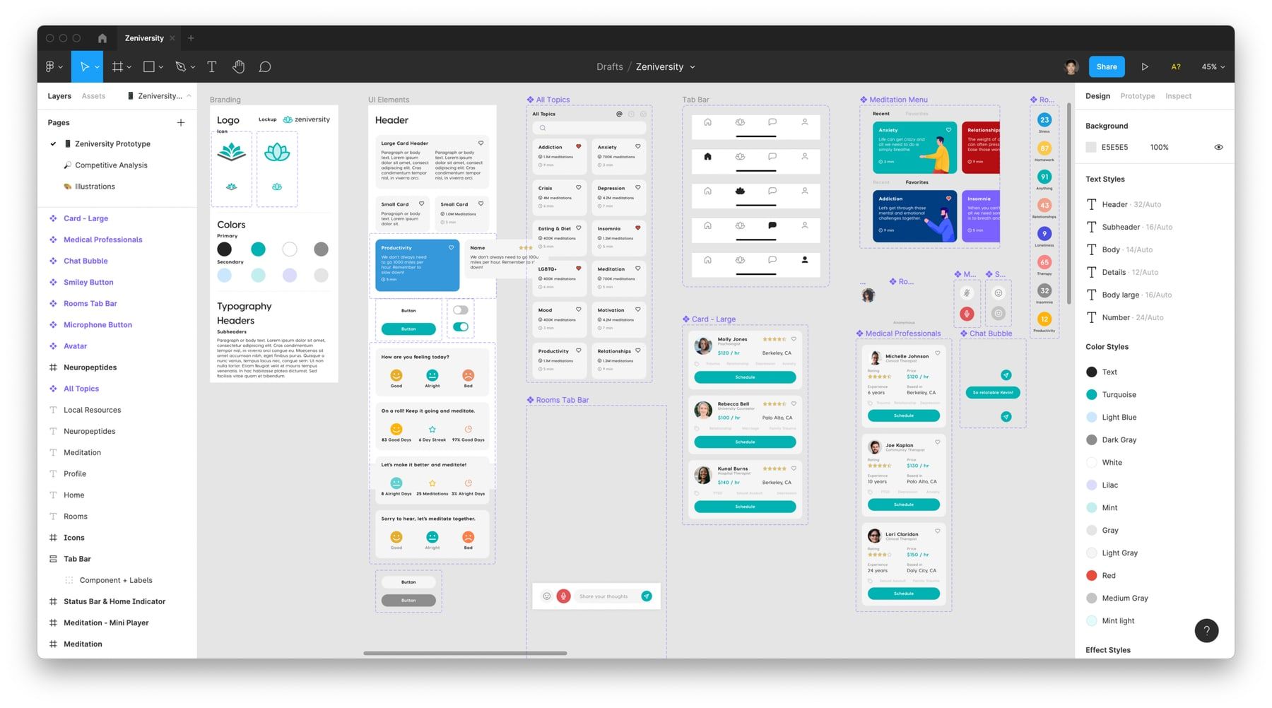 The Zeniversity Figma canvas showing the logo, color and type styles, and component sets for cards, tab bars, chat bubbles and professional listings