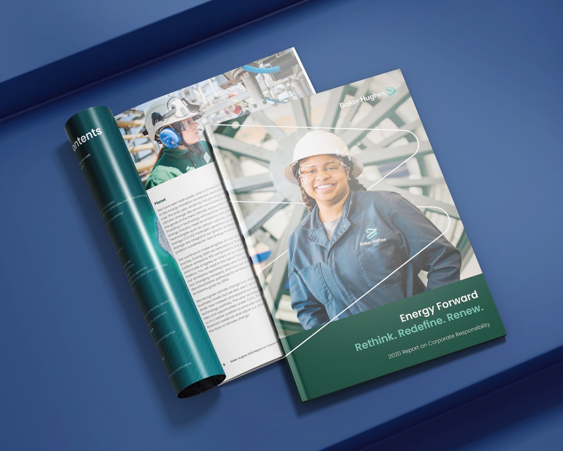 The cover of the Baker Hughes 2020 Report on Corporate Responsibility, titled Energy Forward: Rethink. Redefine. Renew.