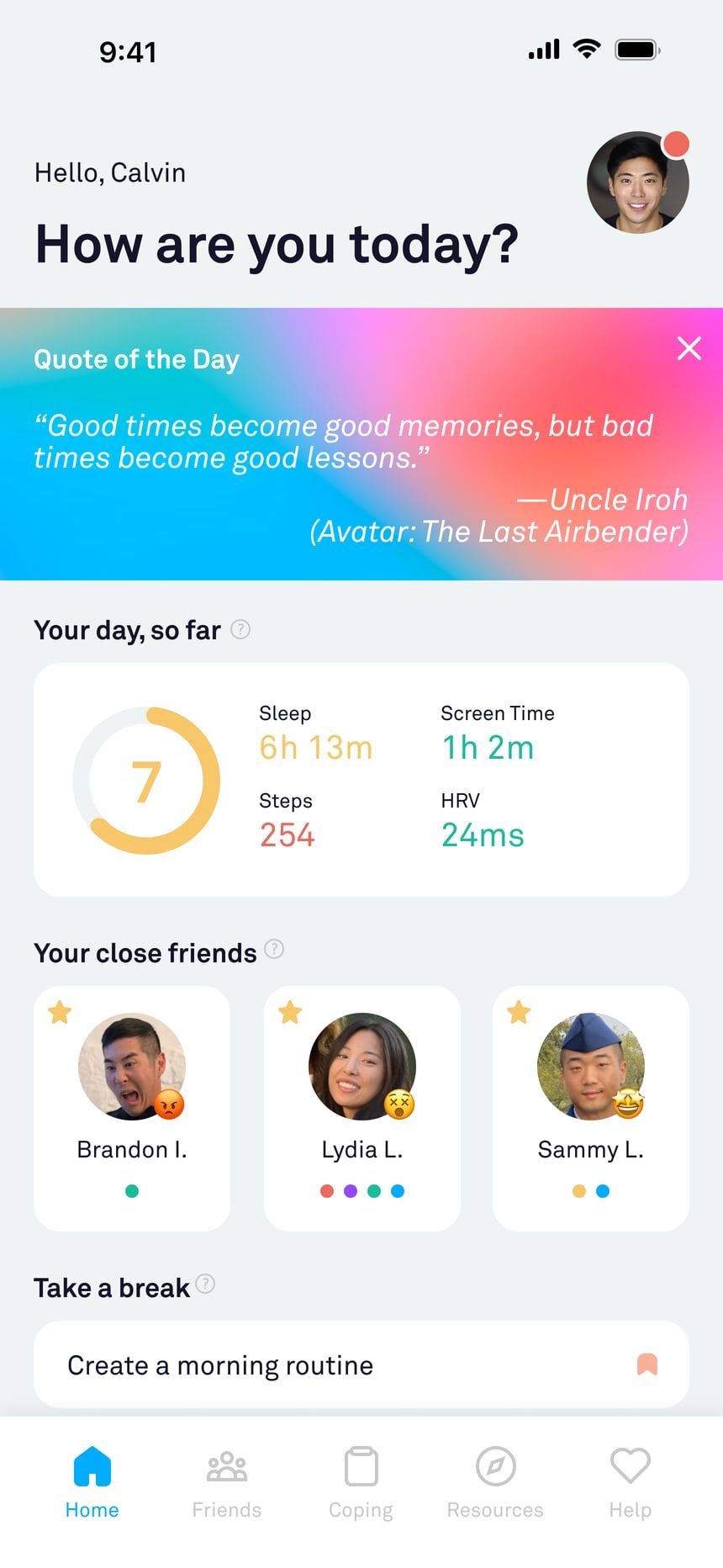 The MYND home screen with a score ring reading 7, a quote of the day, four biometric readouts, and a row of close friends