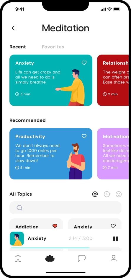The Zeniversity meditation screen with track cards for anxiety, relationships, productivity and motivation, and a docked mini player part way through a three minute track