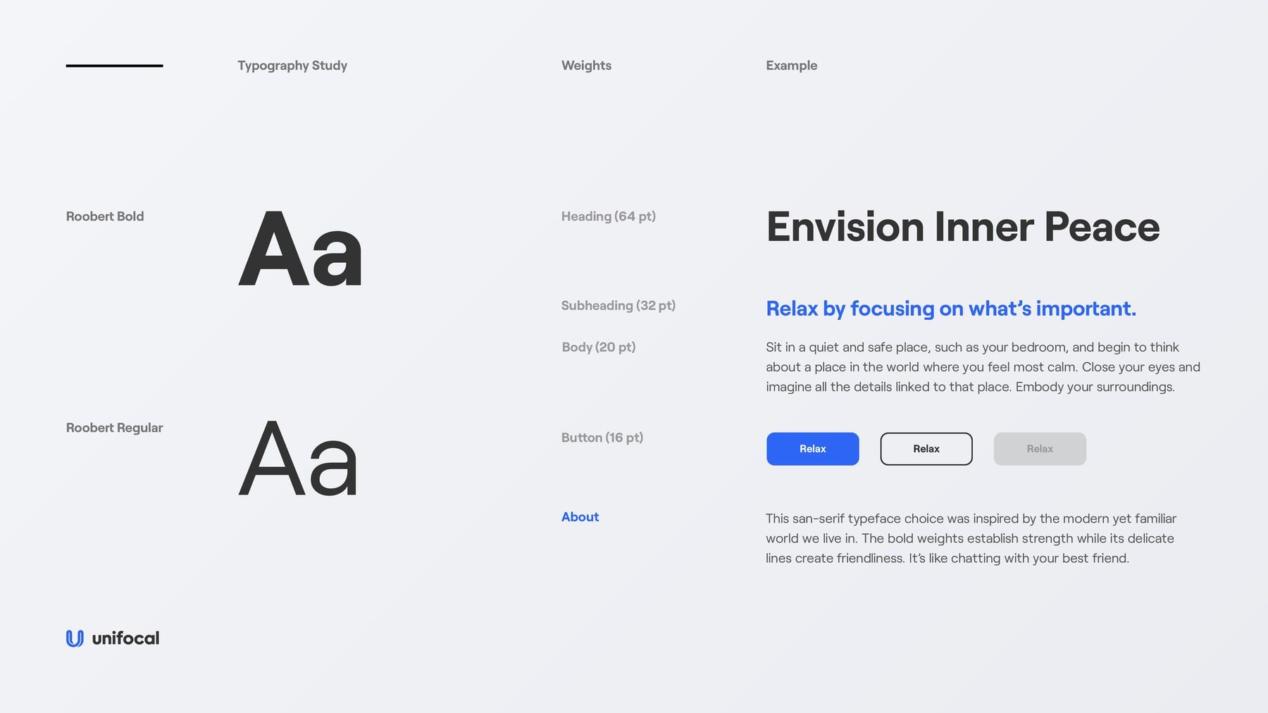 A typography specimen for Unifocal showing Roobert Bold and Regular at heading, subheading, body and button sizes, with three button states
