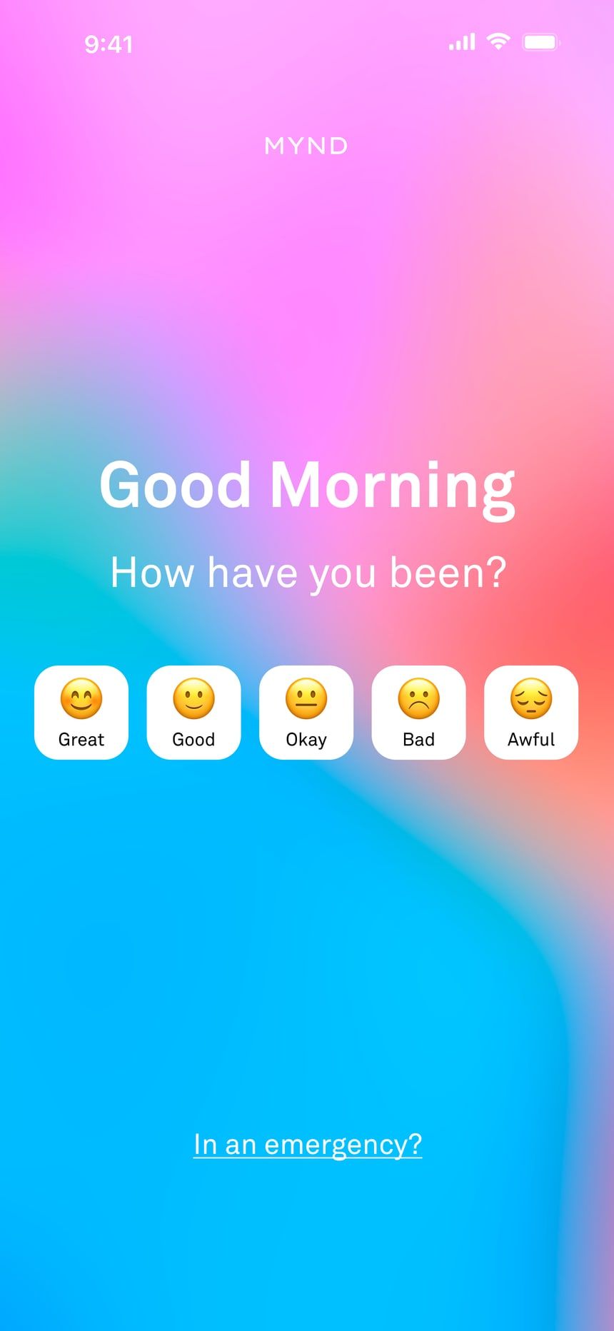 The MYND daily check-in screen offering a row of mood emoji to choose from
