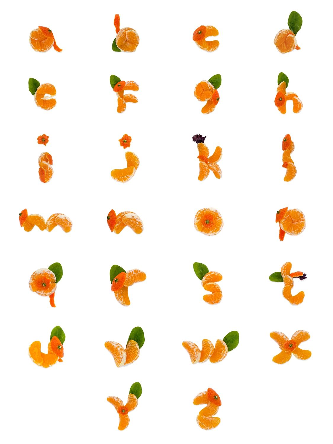 A complete lowercase alphabet from a to z, each letter formed from tangerine segments, peel and green leaves, photographed on black