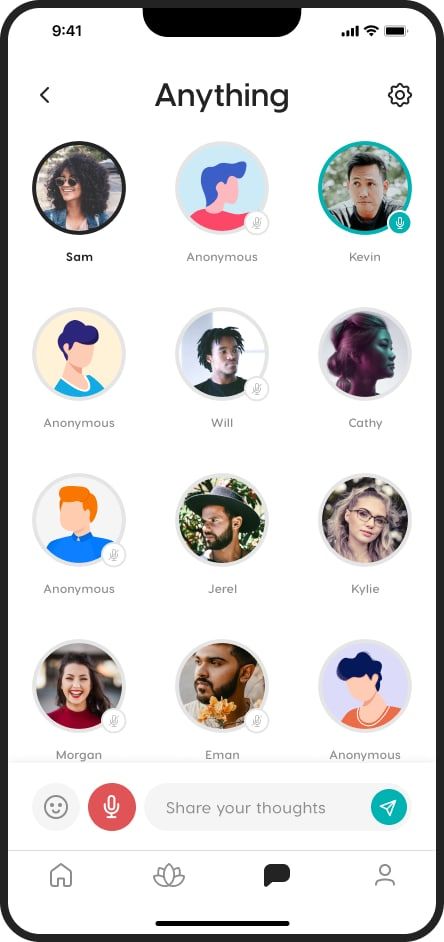 A Zeniversity group room called Anything, showing a grid of participant avatars with muted microphone badges, several labelled Anonymous, and a field to share your thoughts