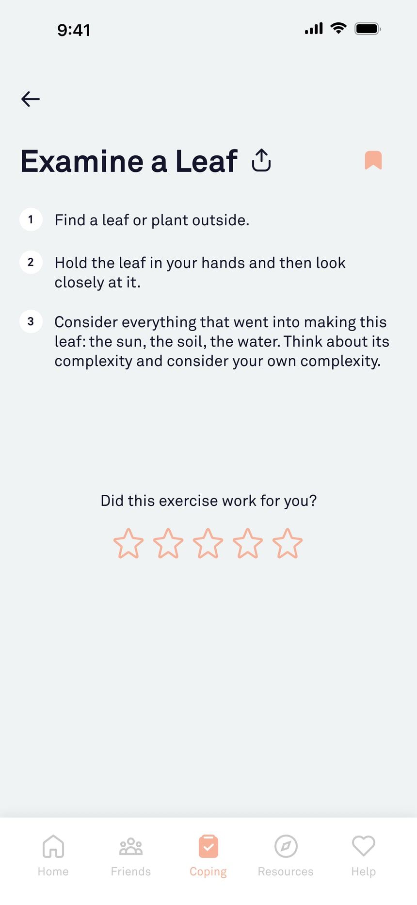 A MYND coping exercise called Examine a Leaf, with three numbered steps and a five-star rating asking whether the exercise worked