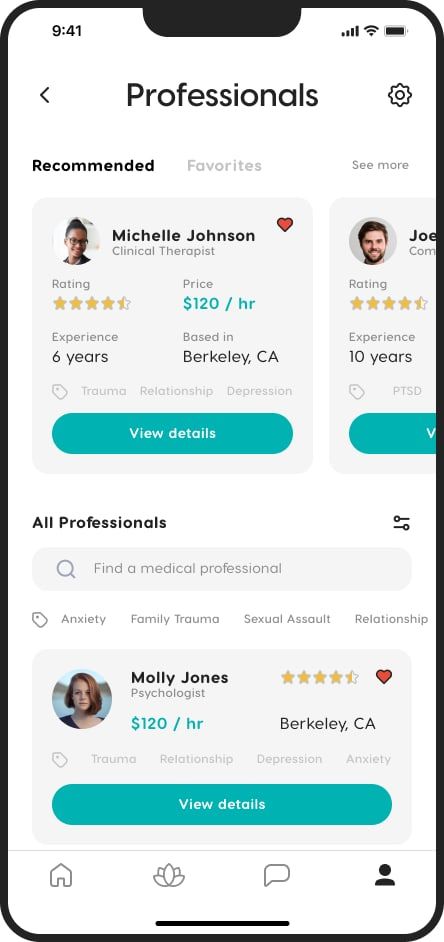 The Zeniversity professionals screen listing therapists with ratings, hourly price, years of experience, location and specialism tags, above a searchable full list