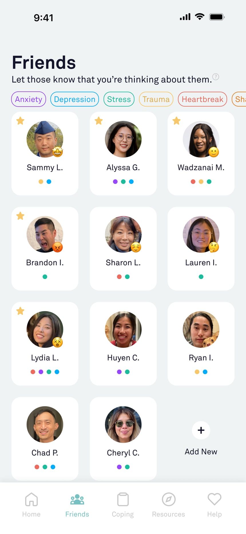 The MYND friends screen showing a grid of trusted contacts with topic filters for anxiety, depression, stress, trauma and heartbreak