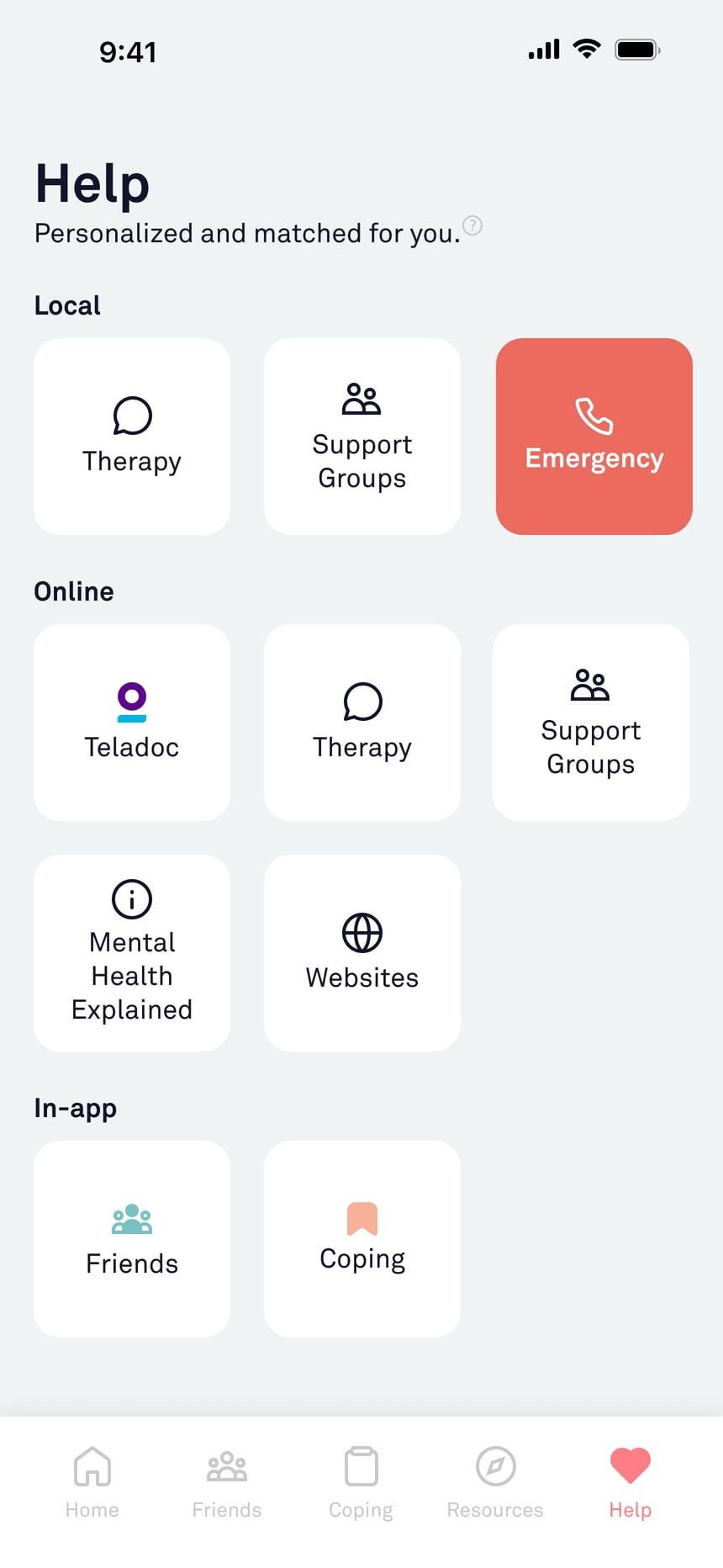 The MYND help screen grouping local, online and in-app support options, with a red emergency button among the local group