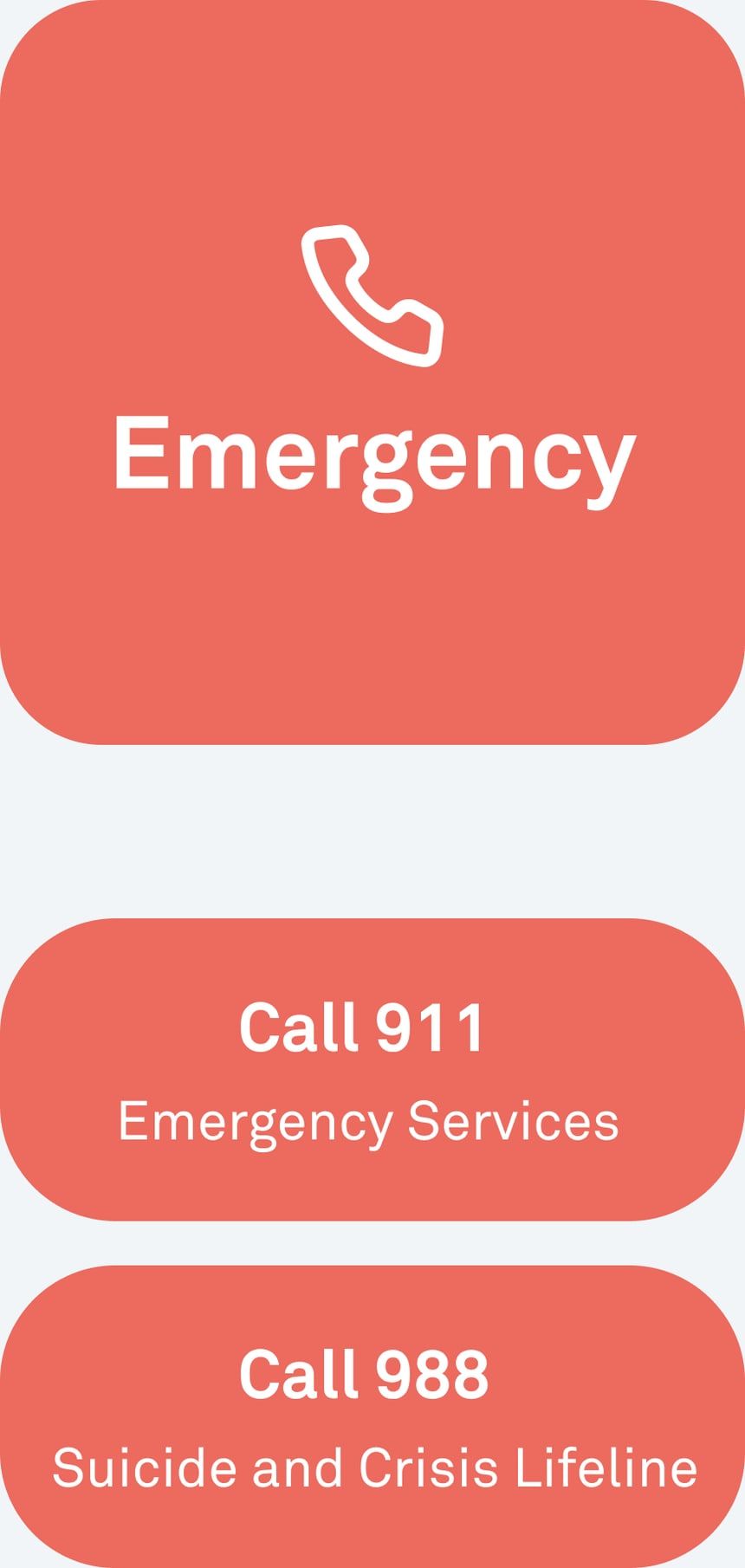 The MYND emergency screen offering to call 988 or emergency services