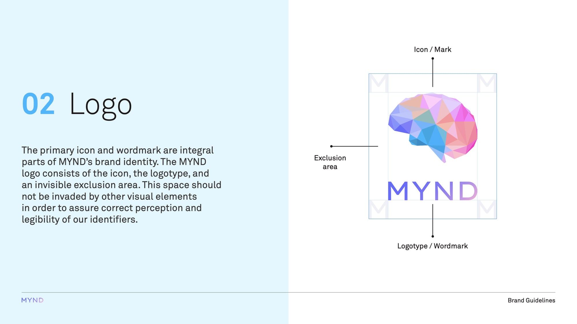 A page from the MYND brand guidelines specifying the logo, its exclusion area, and the relationship between the icon and the wordmark