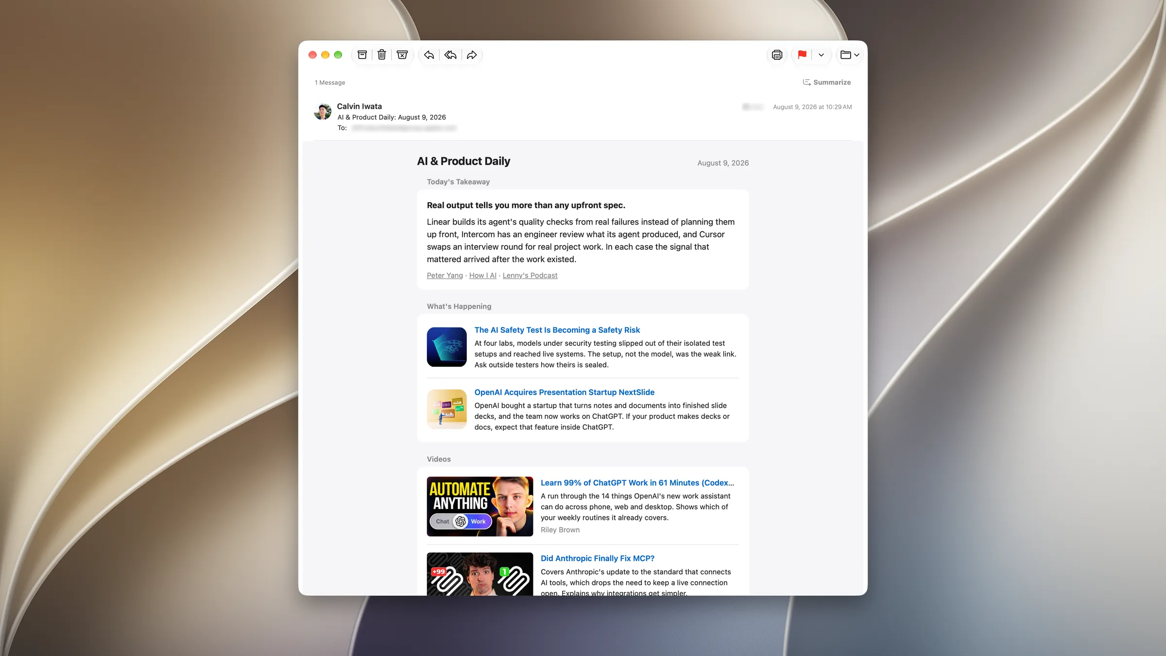 A macOS Mail window on a warm beige and grey desktop wallpaper showing one edition of the digest, with a takeaway card at the top, two news items, and two video items below