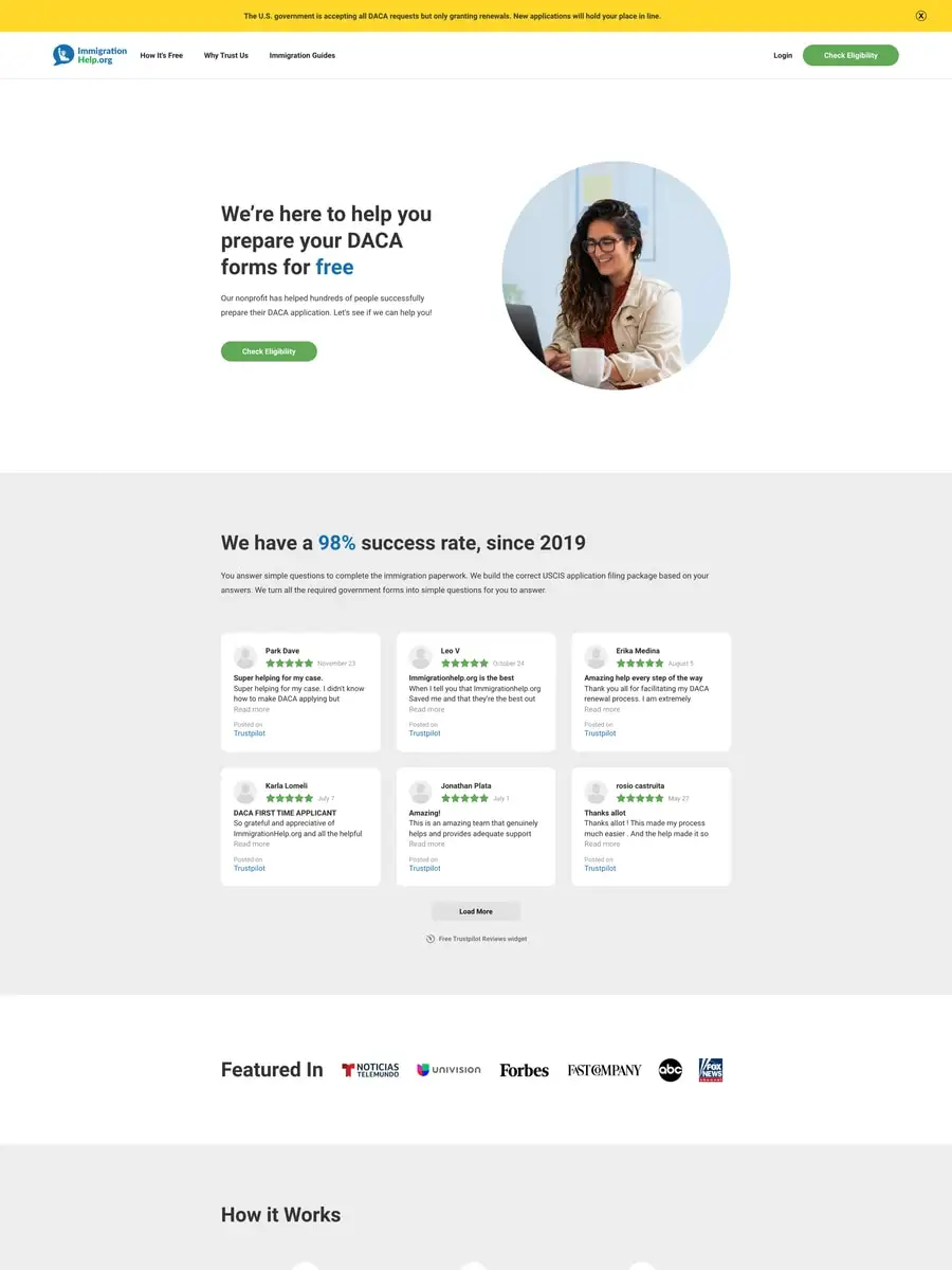 The ImmigrationHelp.org desktop homepage offering free DACA form help
