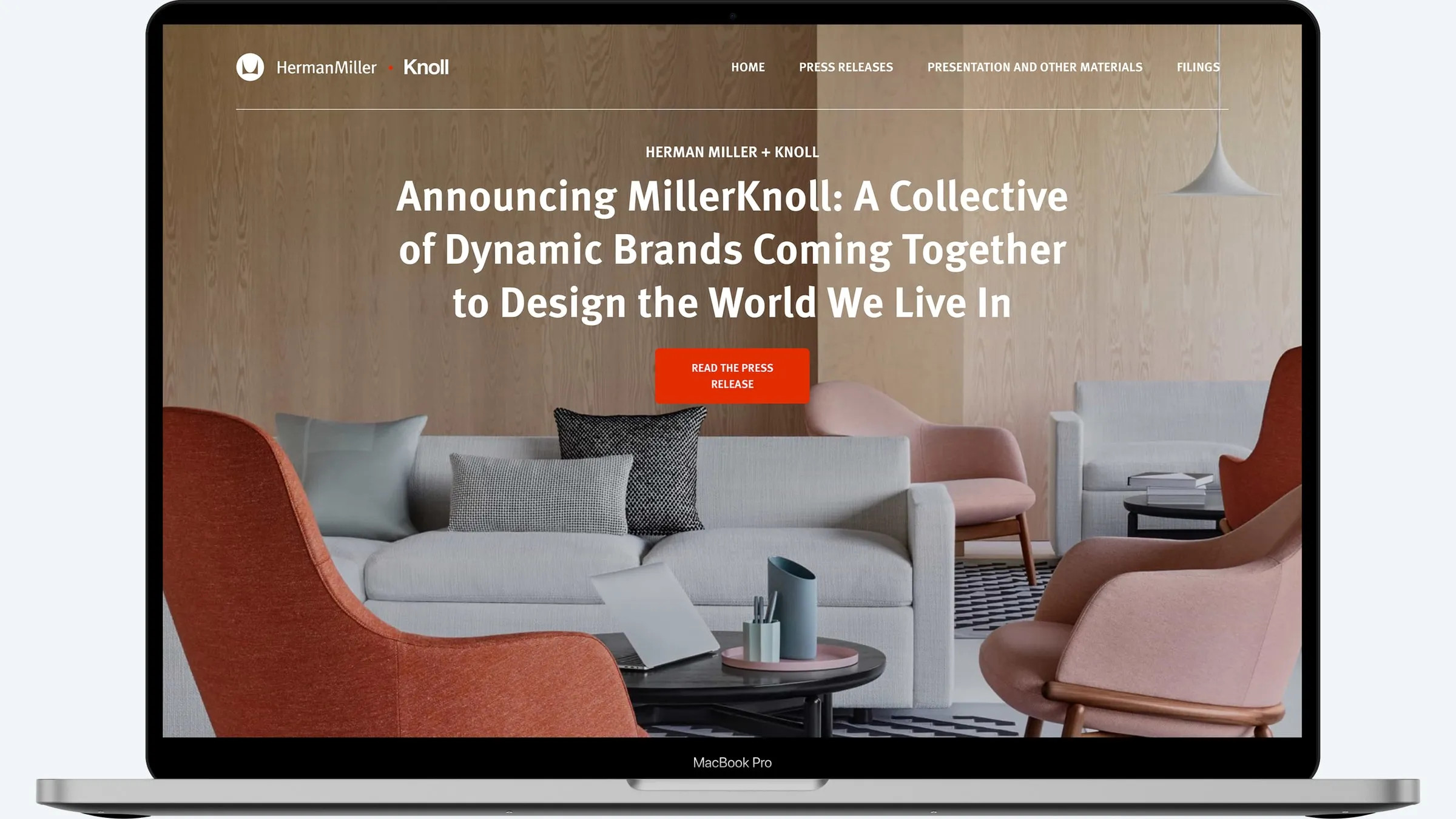 The MillerKnoll announcement microsite in a laptop mockup, with press release, presentation, and filing sections