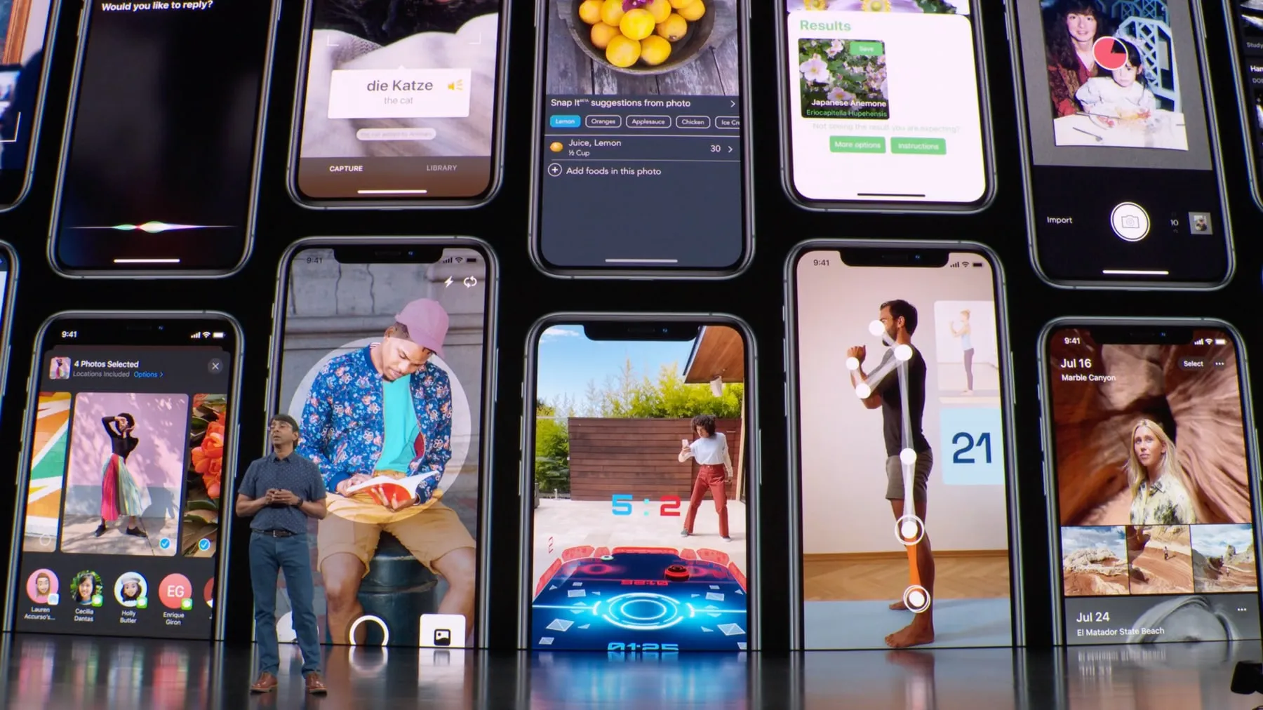 A grid of iPhone screens showing iOS photo, fitness, and camera features as presented at launch