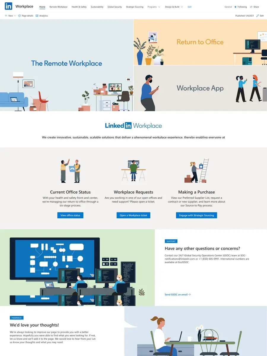 The redesigned LinkedIn Workplace intranet homepage, full page