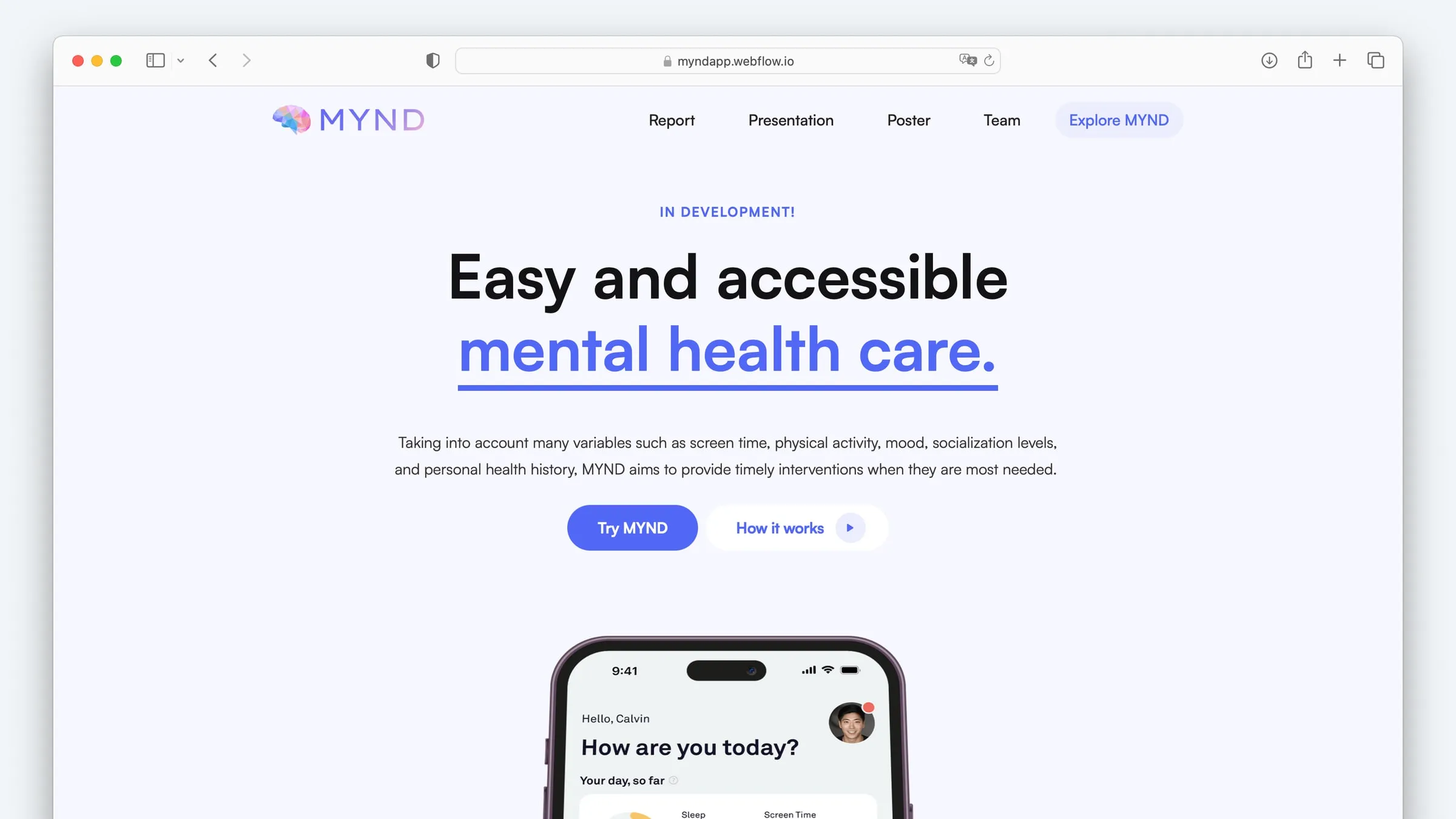 The MYND marketing site, headlined easy and accessible mental health care, with the iPhone app below showing a daily mental health score