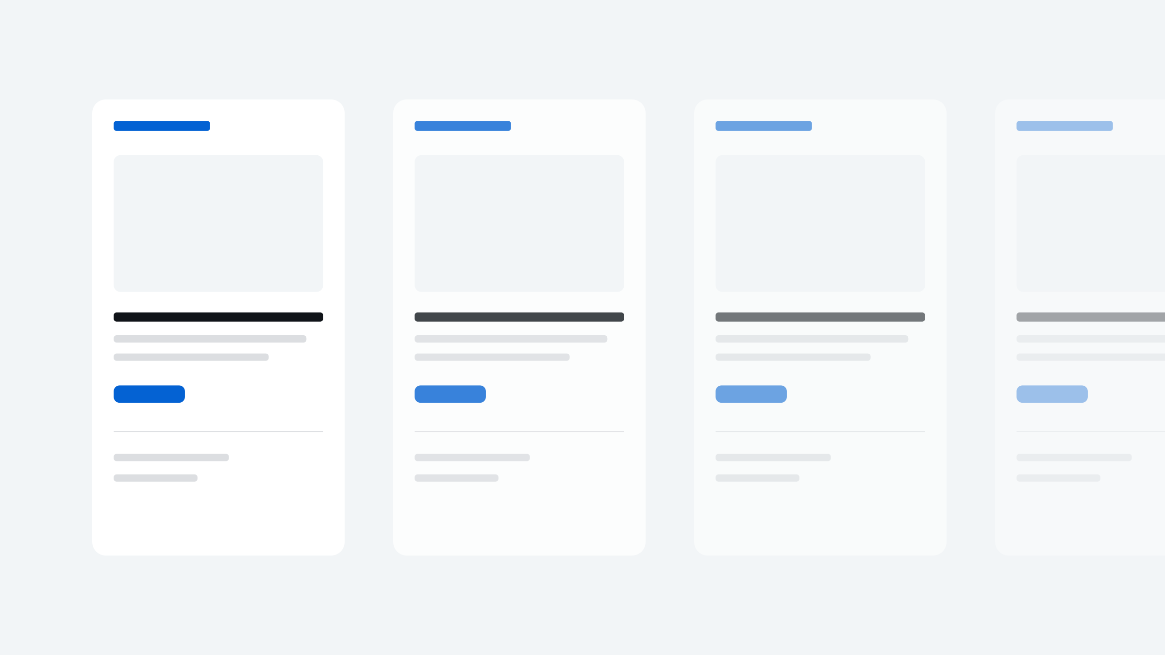 Four identical newsletter layouts in a row, fading toward the right, each carrying the same masthead, image plate, copy lines and call to action in the same order