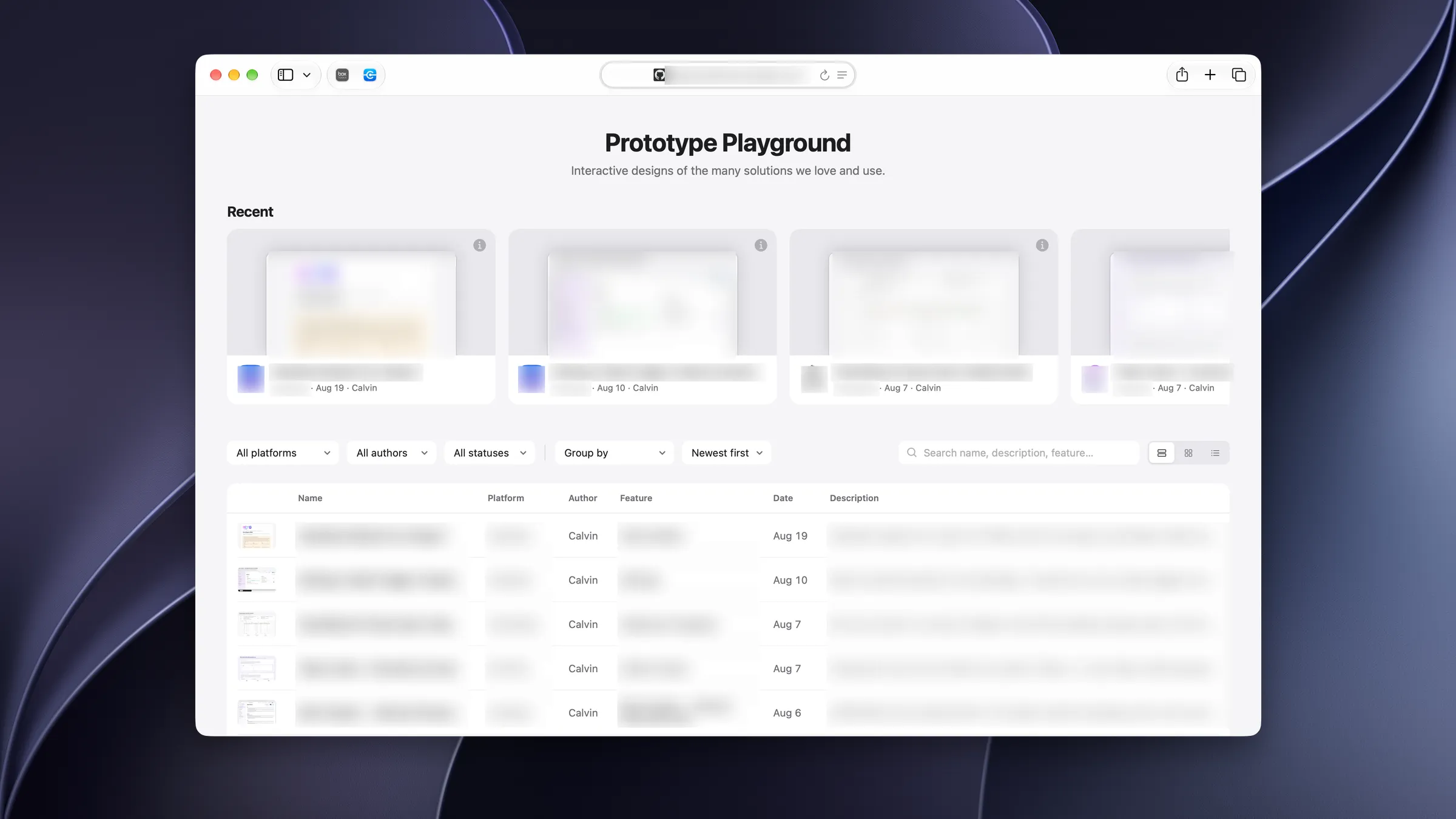 The prototype library open in Safari, showing view and filter controls, a row of the five newest prototype cards, and the searchable table of all of them beneath it