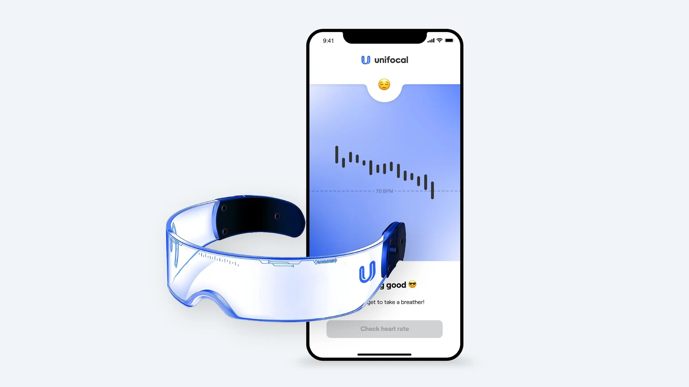 The Unifocal wearable visor beside its companion iPhone app, which shows a descending heart-rate trace on a blue field