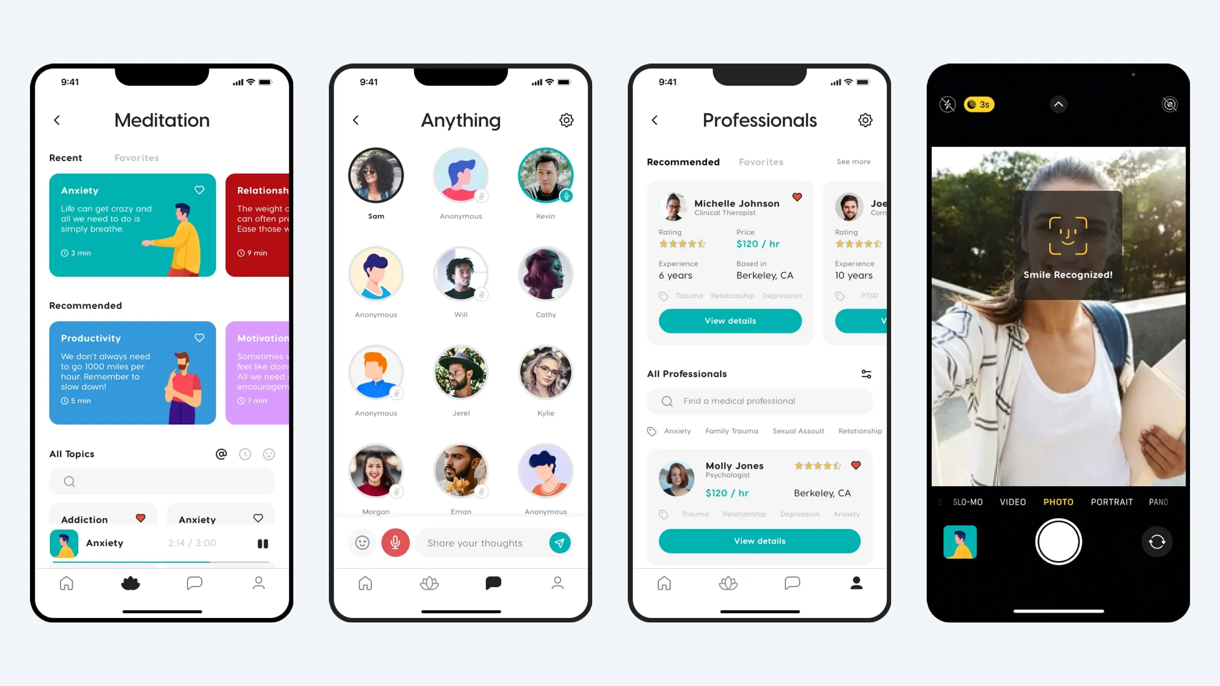 Four Zeniversity phone screens side by side, showing meditation tracks, a group room of participant avatars, a list of therapists, and a camera view detecting a smile
